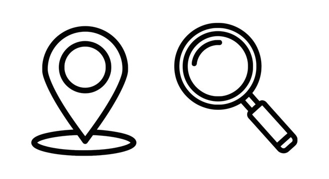 Location pin and magnifying glass search icon set with location magnifying navigation discover interface tracking business analysis marketing