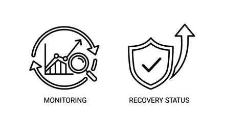Fototapeta premium Business monitoring and security recovery status icons with monitoring recovery analysis security magnifying checkmark business protection