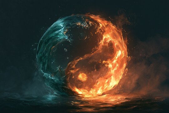 Mystical Yin Yang: Teal Wave Meets Fiery Orange Flame in a Deep Night Scene