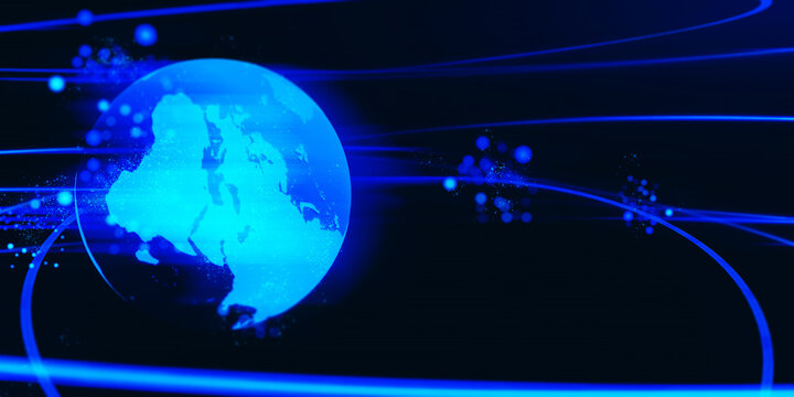 global earth planet 3d illustration rendering for technology in scifi futuristic style, a particle light  network of globalization