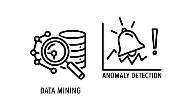 Data mining and anomaly detection analytic process icons with detection analysis magnifying database business intelligence monitoring software