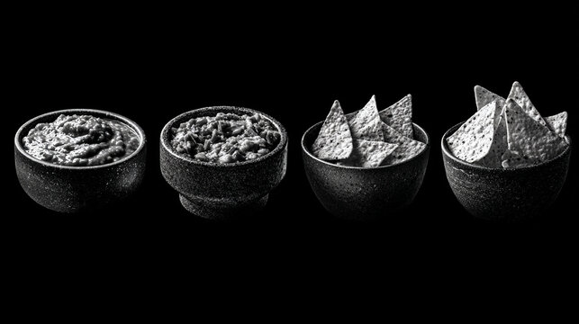 Set of bowls with mexican snacks including tortilla chips salsa and dip on black background.
