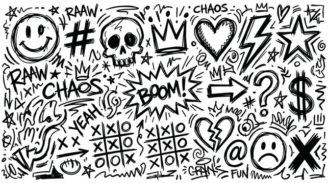 Hand drawn doodle set featuring various symbols like skulls hearts smiley faces and abstract graffiti style shapes on white