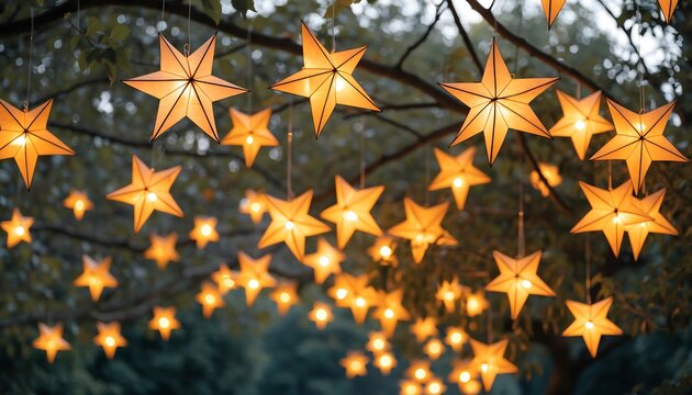 Beautiful glowing star lanterns hanging among outdoor trees at dusk