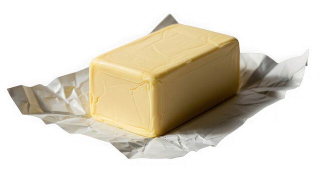 Block of fresh butter on parchment paper. Creamy dairy product slice ready for cooking or baking.