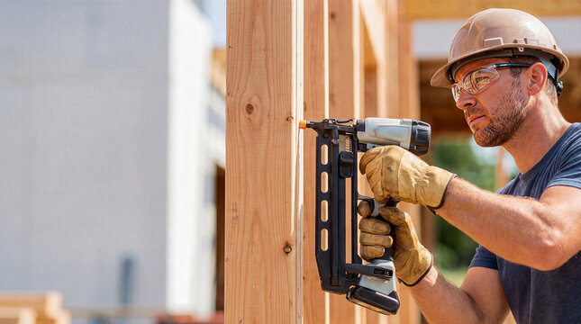 Construction worker wearing hardhat and safety glasses using a pneumatic nail gun on a wooden wall frame. Male builder installing timber studs at a residential house building site with copy space