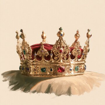 Decorative crown design in watercolor and ink with rich textures