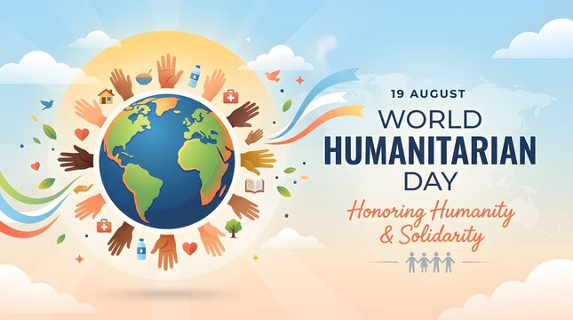 World humanitarian day illustration with globe and supporting symbols