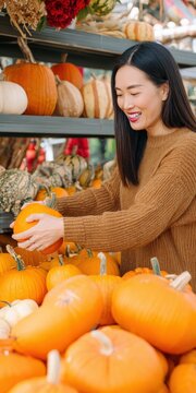 Happy asian woman buying pumpkin at market