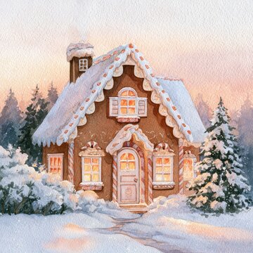 Watercolor gingerbread house in a snowy landscape with candy decorations