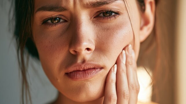 Close-up portrait of a young woman showing jaw pain with a contemplative expression