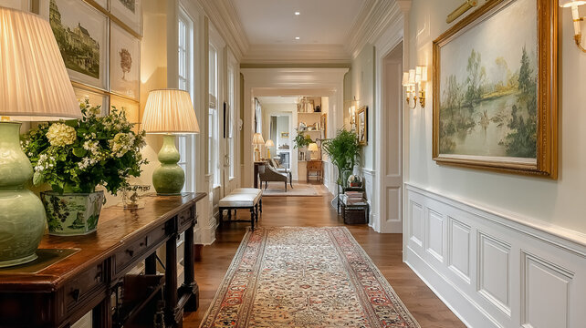 Elegant residential hallway showcasing classic interior design elements and decorative accents with warm lighting