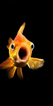 Goldfish opening mouth in surprised expression on black