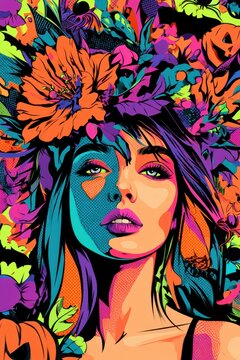 Surreal Halloween collage art: stylized woman with blossoms amid pumpkins, bats and bright color blocks
