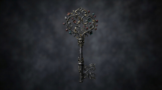 Ornate vintage key with floral metalwork design. Gothic romance symbol for mystery and secrets. Elegant antique object for book cover, luxury branding and dark fantasy decoration.