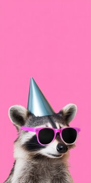 Raccoon celebrating birthday wearing party hat and sunglasses