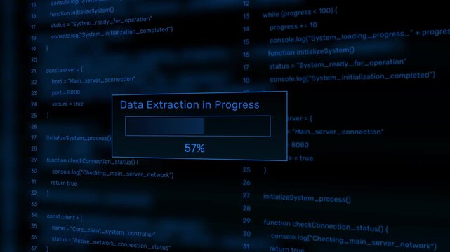 Data extraction in progress loading bar animation loop with percentage status box on dark code background visual asset