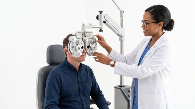 Optometrist examining patient's eyes with phoropter in a modern clinic setting