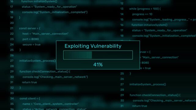 Exploiting vulnerability cyber threat progress bar animation loop with percentage loading box on dark programming code background asset