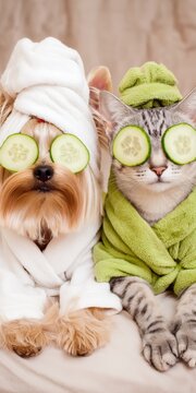 Dog and cat relaxing enjoying spa wellness treatment