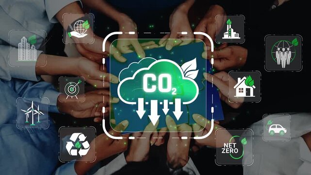 Hands of diverse people holding a green cloud graphic symbolizing carbon reduction and sustainable development initiatives for a greener future Sigmoid