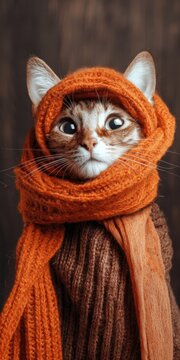 Cute cat wearing orange knitted scarf and cozy sweater