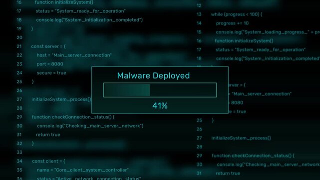 Malware deployed cyber attack threat progress bar animation loop with percentage status box on dark programming code background visual asset