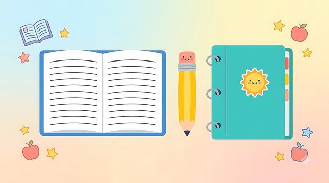 Open notebook and pencil with cute sun