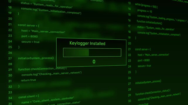 Keylogger installed malware cyber threat progress bar animation loop with percentage loading box on dark code background asset