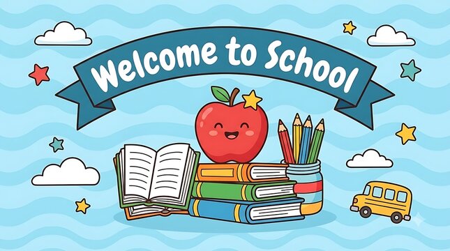 Welcome to school banner with books and apple
