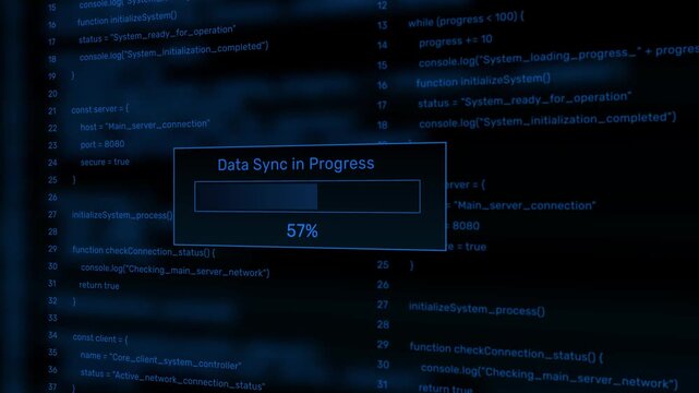 Data sync in progress cloud backup status bar animation loop with percentage loading box on dark code background visual asset