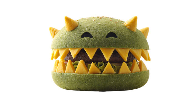 Monster burger with cheese teeth and horns halloween