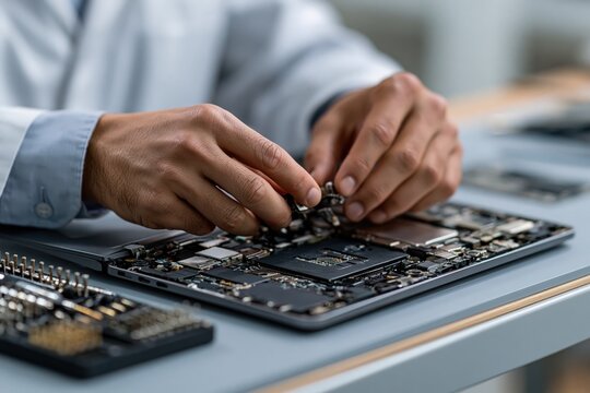 Technician repairing laptop hardware components in electronics workshop