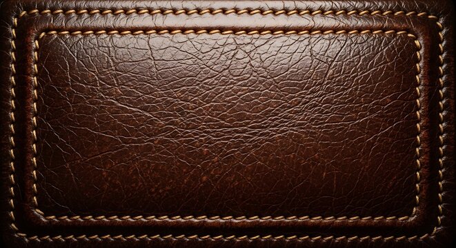 Close-up texture of dark brown genuine leather with detailed stitching, luxurious material