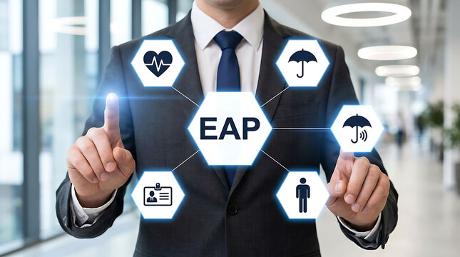 Businessman touching EAP employee assistance program virtual interface icons