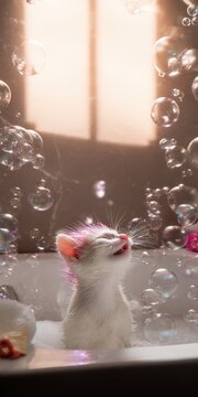 Wet kitten enjoying bubble bath with pink hair