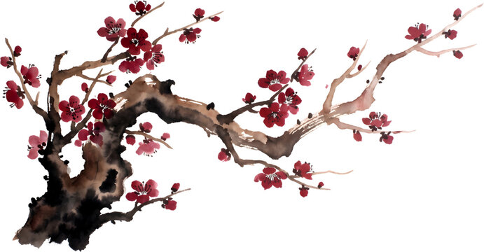 ink painting style plum blossom branch illustration