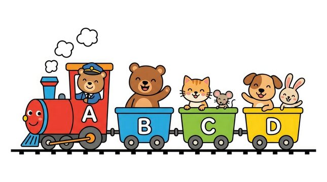 Cute cartoon animals riding a colorful train with alphabet letters