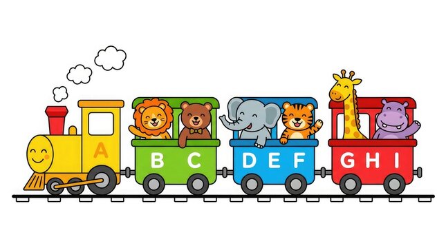 Cute cartoon train with animals and alphabet letters