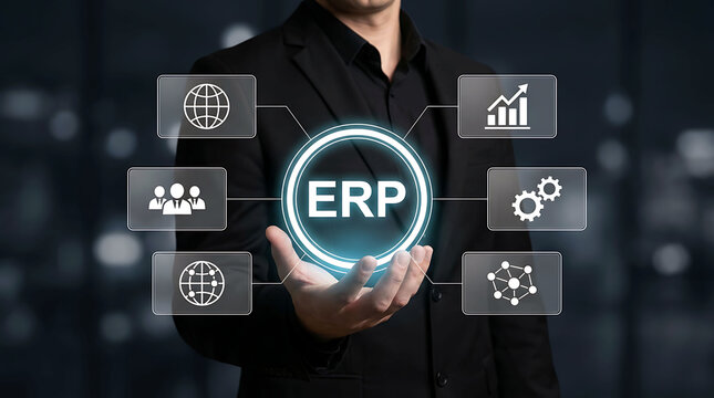 Businessman holding ERP enterprise resource planning digital workflow icon set