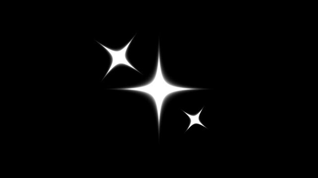 Three twinkling white starburst elements in 4k expanding together with sharp cross rays and diagonal layout overlay for creative video production design