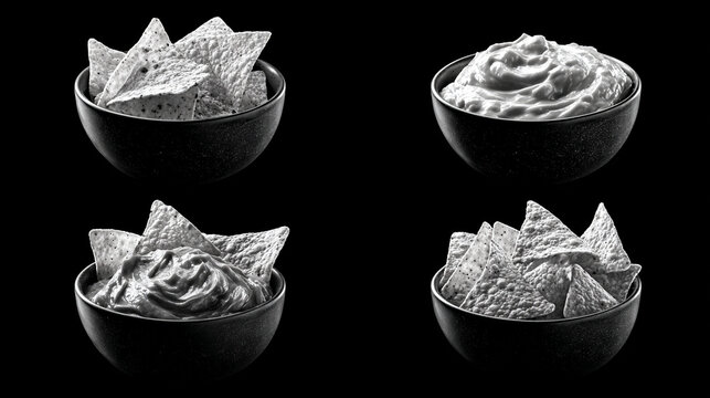 Assorted bowls of tortilla chips and creamy dips on black background with background, appetizer.