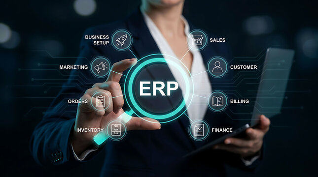 Businesswoman holding laptop and ERP enterprise resource planning interface