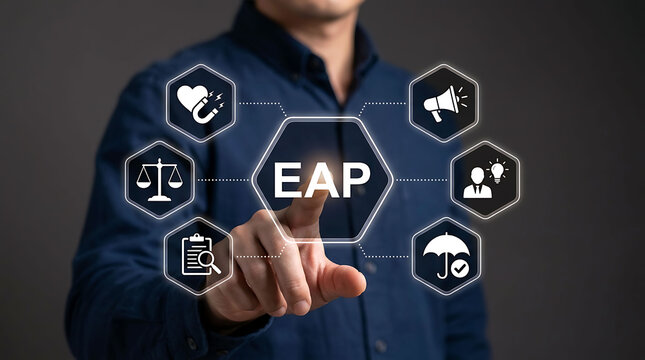 Man touching EAP employee assistance program virtual screen interface with icons