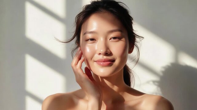 Close up of smiling asian woman with glowing healthy skin touching her face beauty portrait model smile skincare