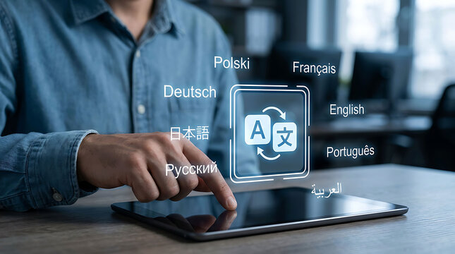 Man touching tablet screen with multilingual language translation interface icons