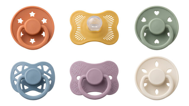 six silicone baby pacifiers displayed together