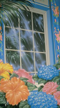 Vibrant floral scene with raindrops on window.