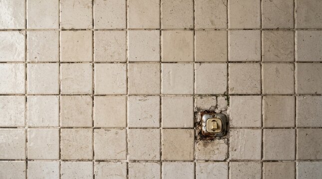 Old Beige Tile Wall Texture with Damaged Outlet &ndash; Weathered Ceramic Tile Background