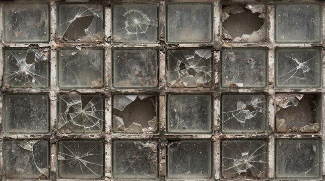 Broken Glass Block Wall Texture &ndash; Cracked and Damaged Translucent Glass Bricks